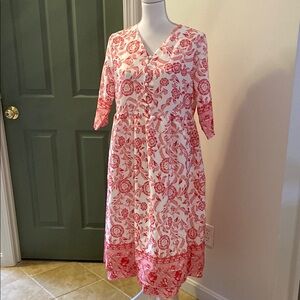 Pink and Orange Midi Sundress with V-Neck and 3/4 Sleeves